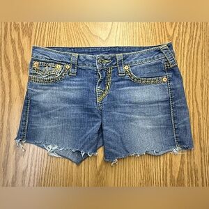 True Religion Blue Jean Shorts with Gold Stitching